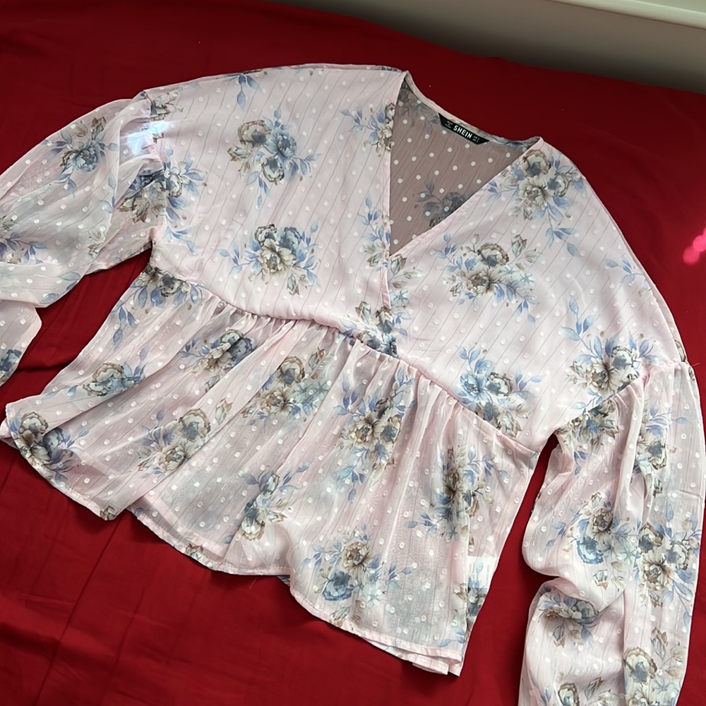 Lantern Sleeve Floral Print Semi Sheer Smock Top